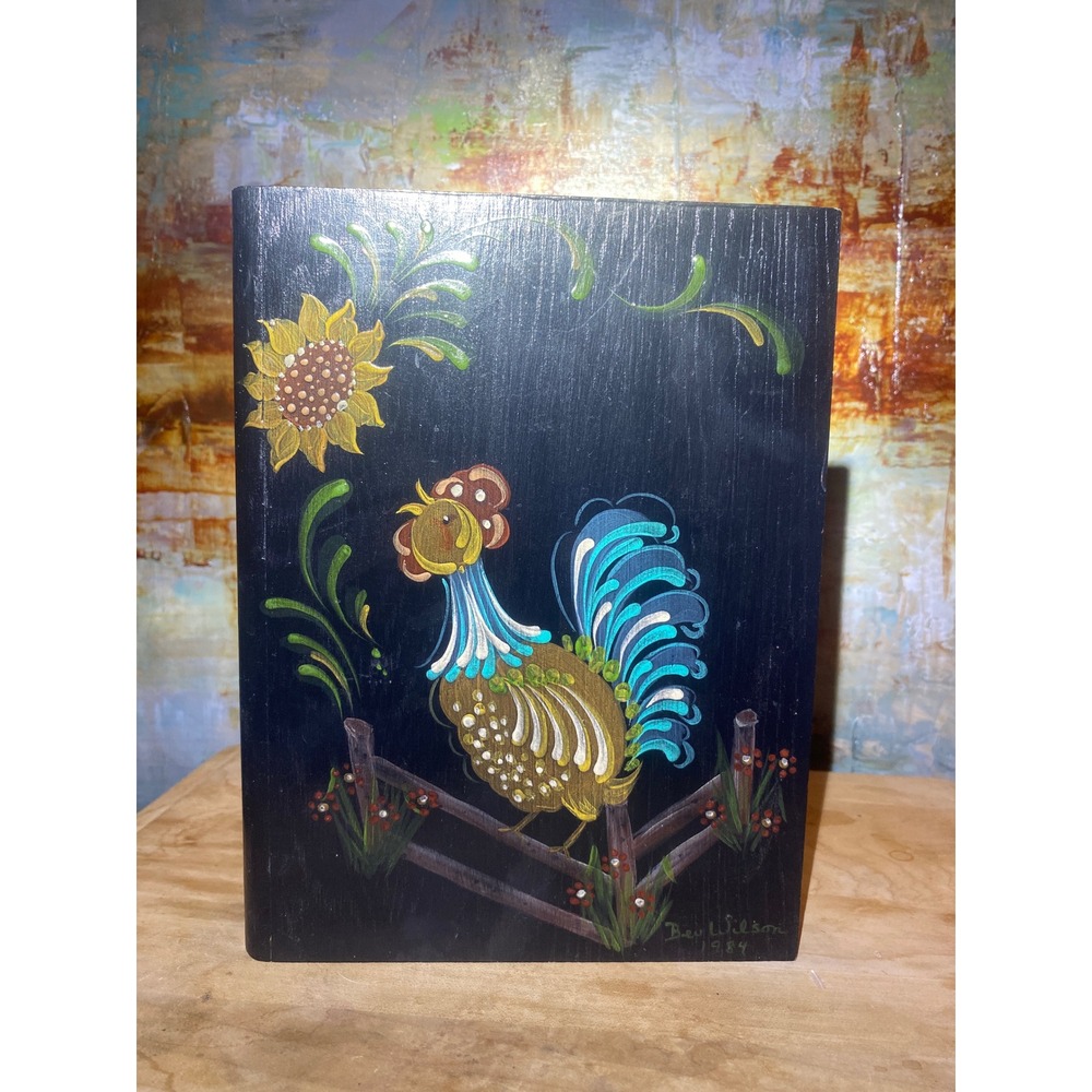 Vintage 1984 Bev Wilson Hand Painted Wood Rooster Recipe Box Book Style Drawer